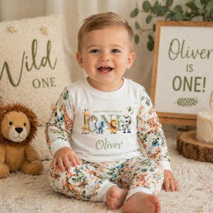 personalised first birthday pyjamas safari theme